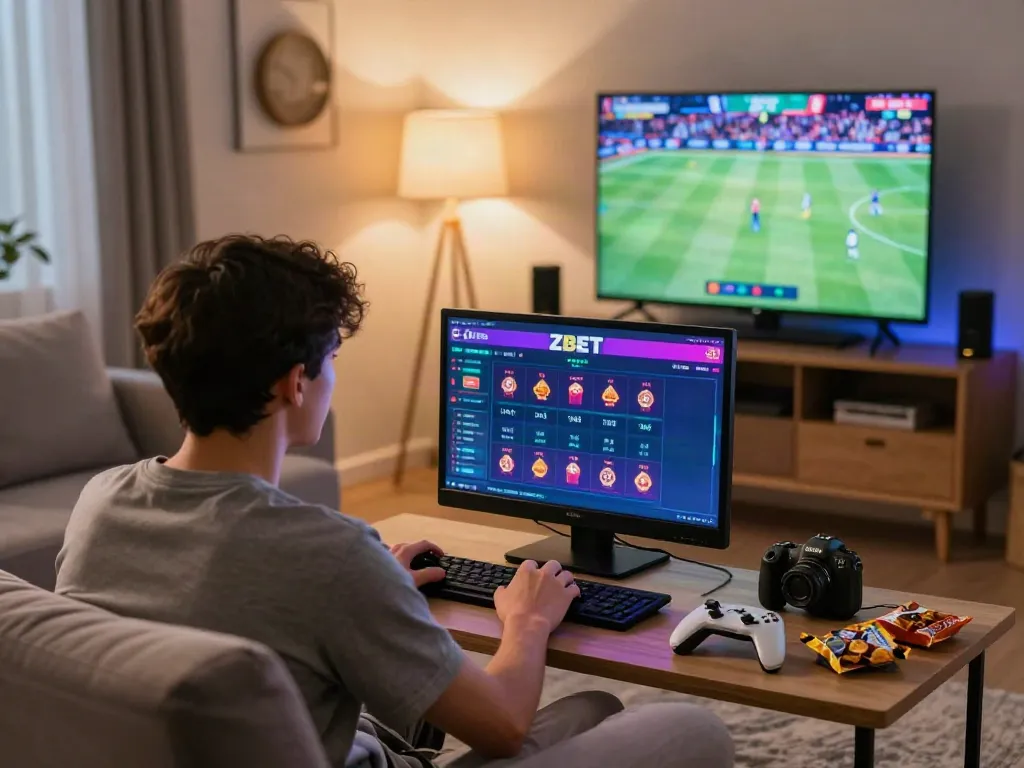 Engaging online betting experience at ZBET with vibrant sports graphics and cozy living room setup.