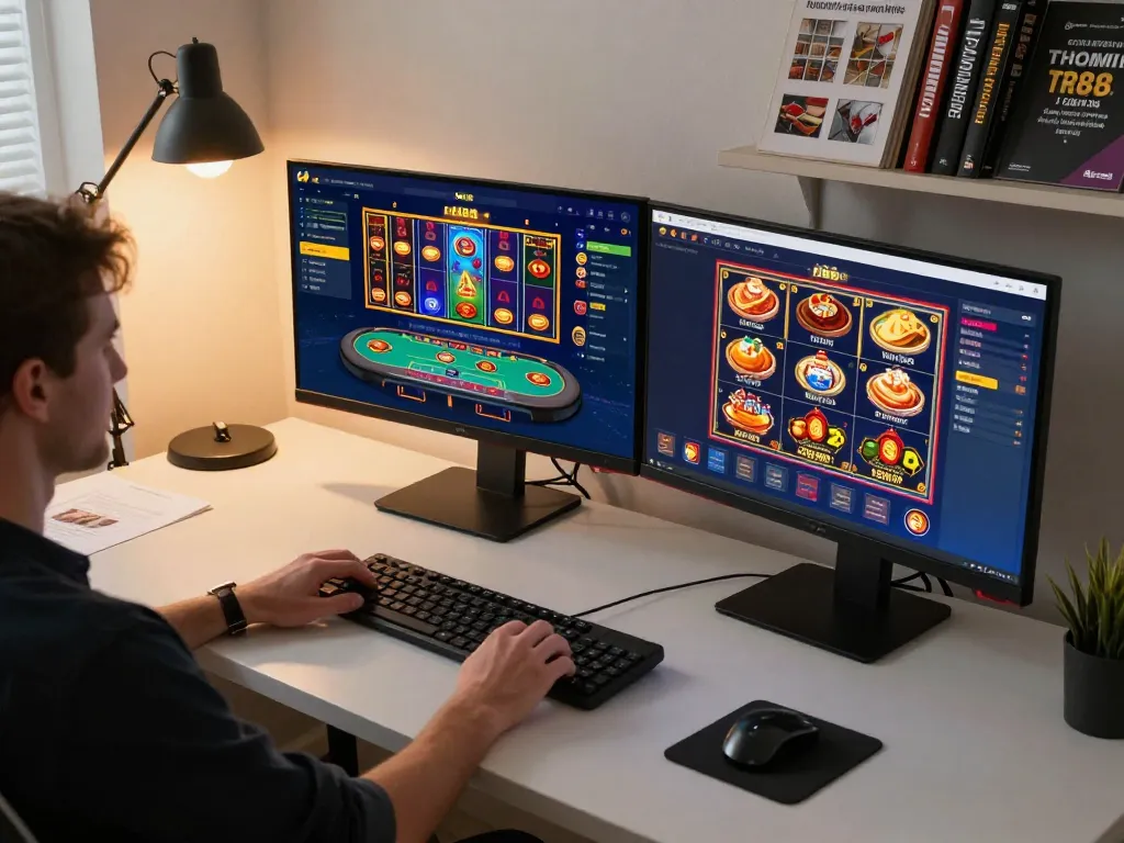 Engaging in TR88 betting strategies with dual monitors showcasing casino games in a modern home office