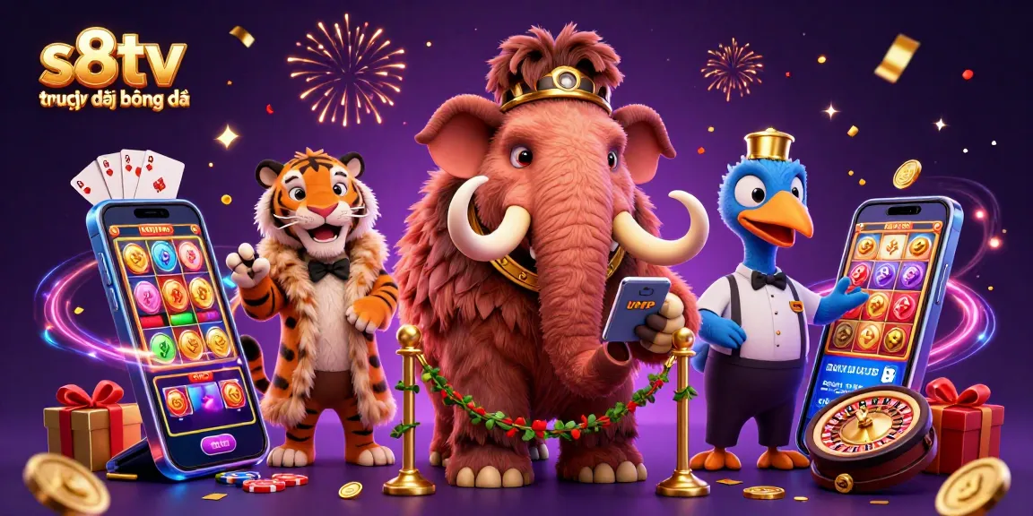 S8TV trực tiếp bóng đá vibrant scene with casino characters and dynamic gambling elements