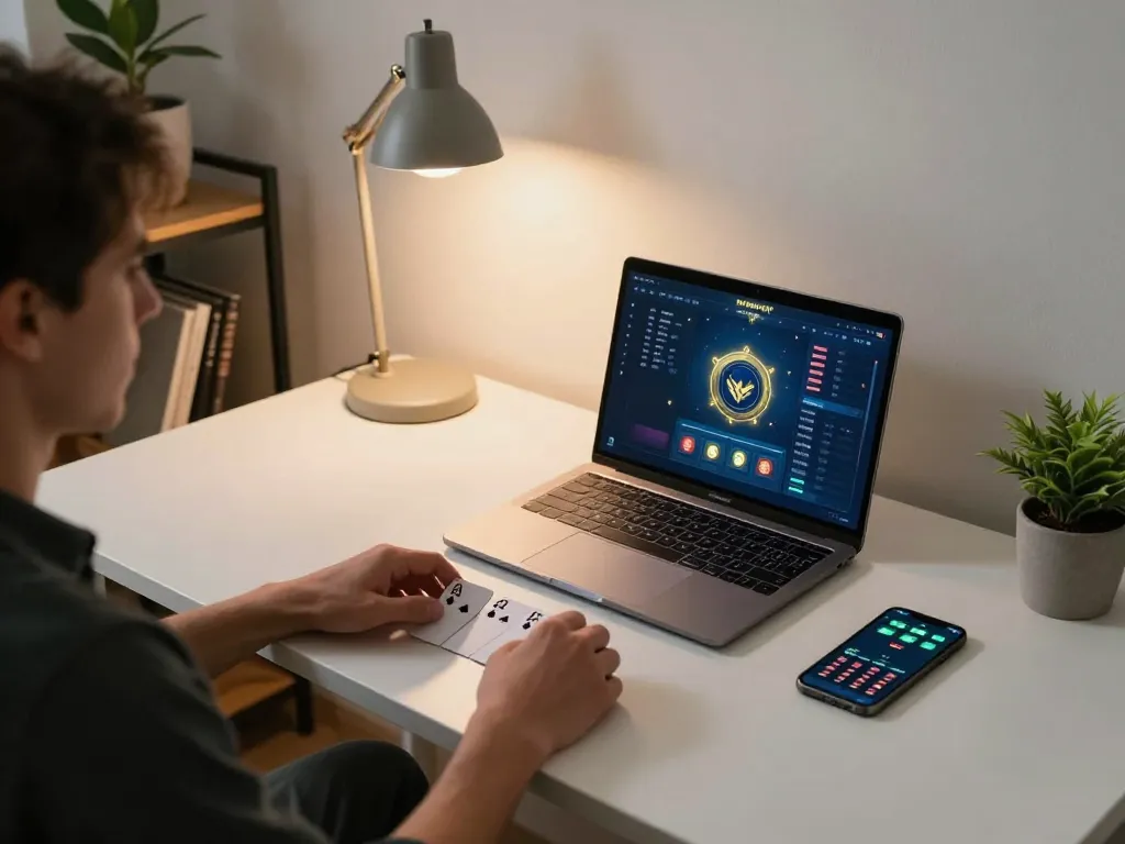Engaging in online blackjack at home with debet displayed on screen, showcasing strategic gameplay