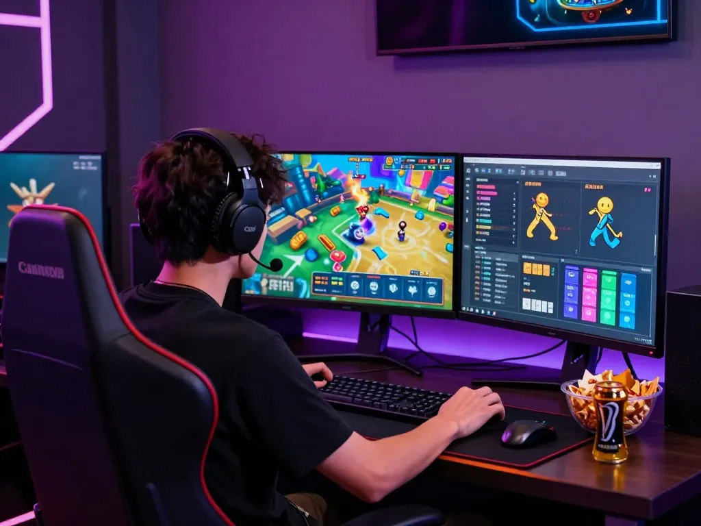 Engaging gaming scene with a player immersed in game bài rikvip, vibrant graphics and energetic atmosphere.