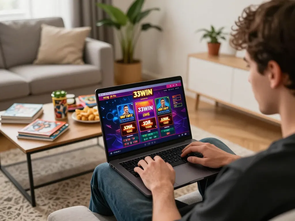 Engaged player exploring 33WIN online casino on laptop in a cozy home setting.