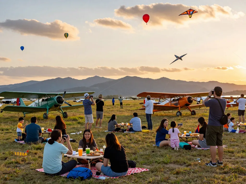 Fly88 aviation enthusiasts enjoying an outdoor event with vintage planes and kites.