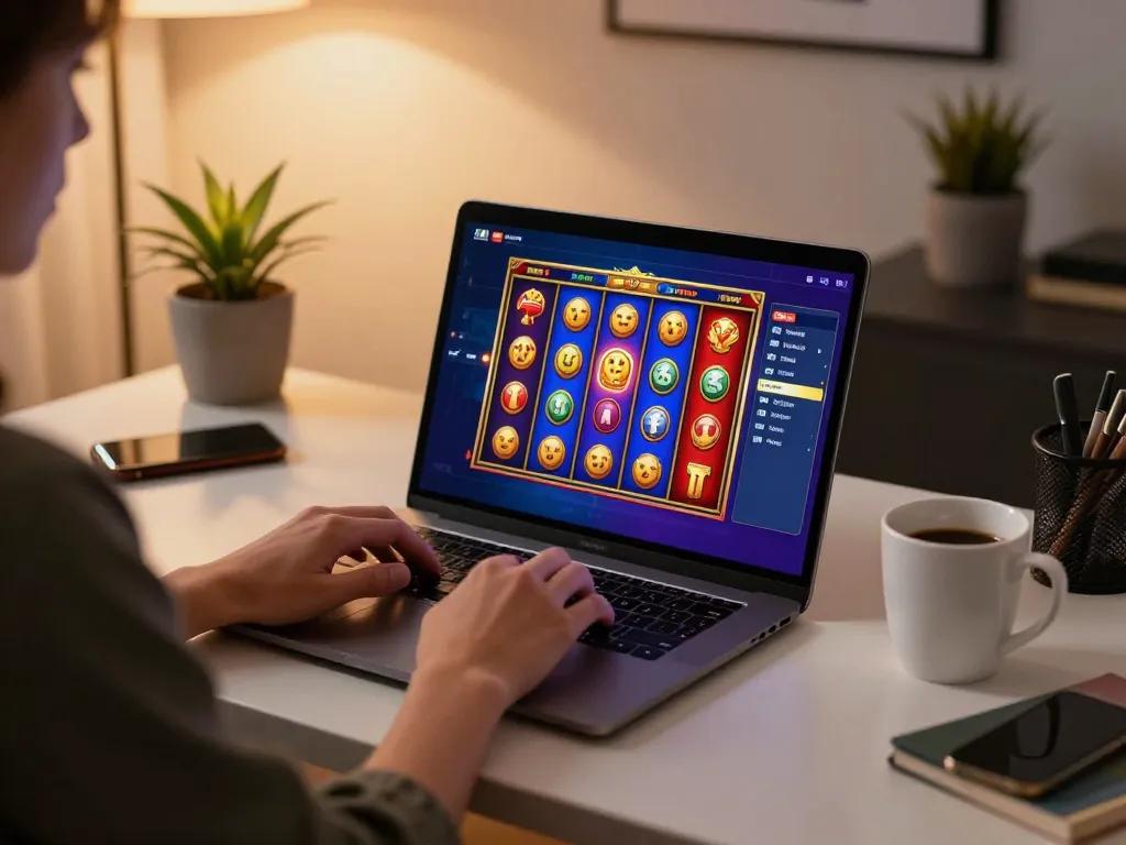 Engaging in online gaming at Bet88, showcasing spinning slot reels on laptop.
