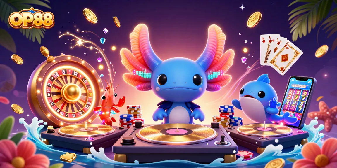Experience OP88 Casino Adventure with neon axolotl DJ, shrimp dancers, and vibrant game elements.