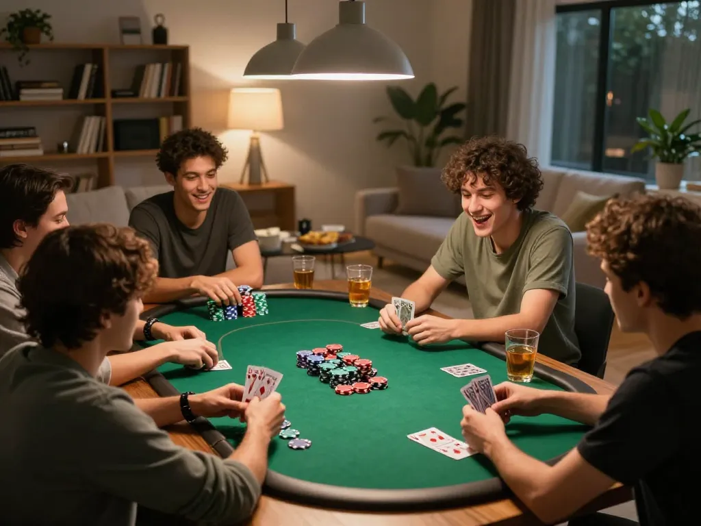 Friends enjoying a lively poker game night with OK8386, showcased with colorful chips and cards.