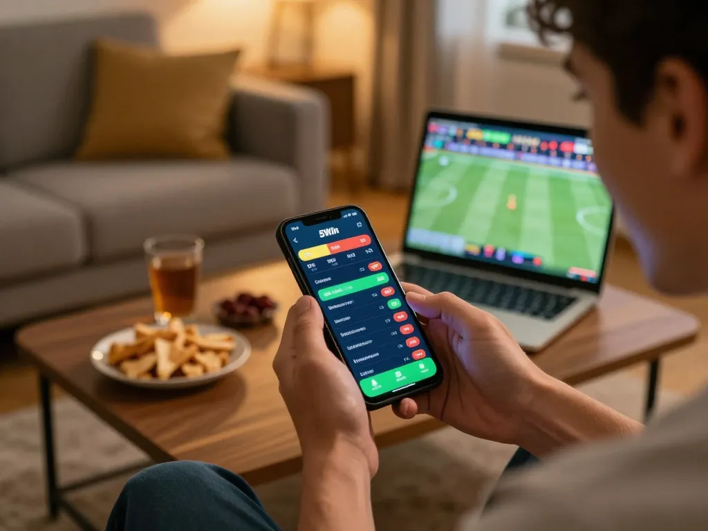 Engaging in sports betting on the 58Win mobile app during a cozy home game night