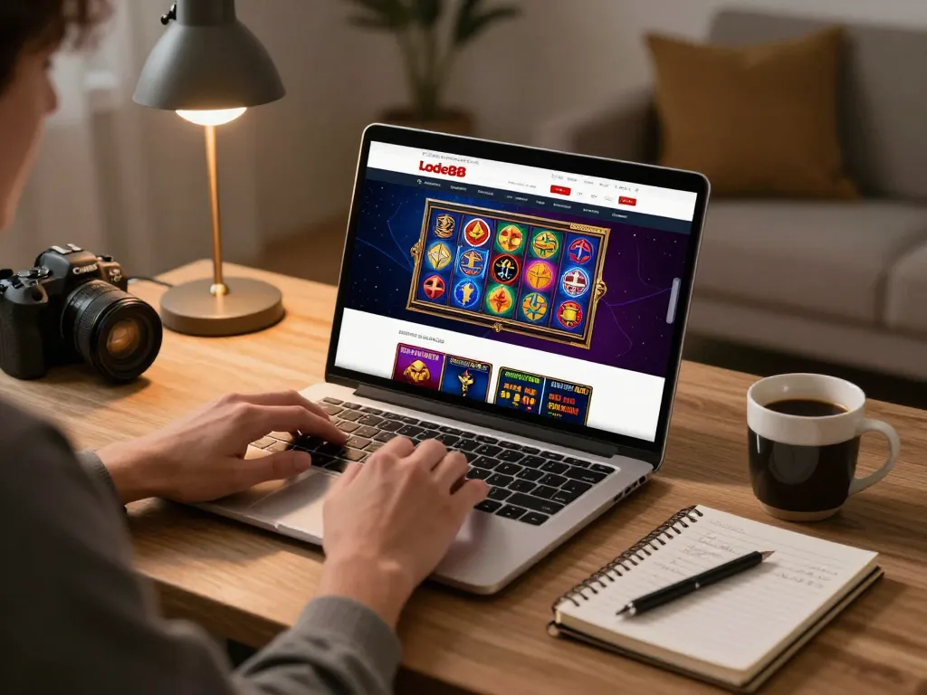 Engaging with lode88 online casino games at home, showcasing a modern gaming setup.