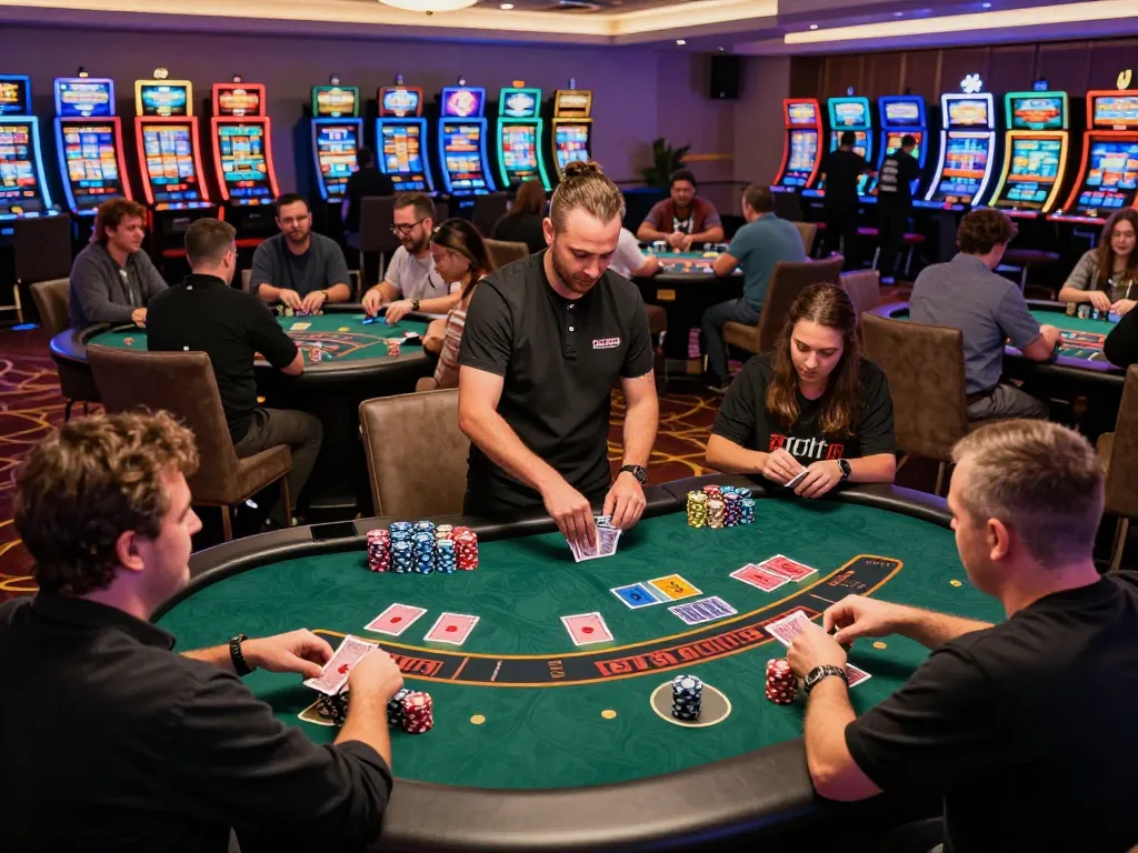 Players enjoying classic game 789win at blackjack tables with dealer and chips visible.