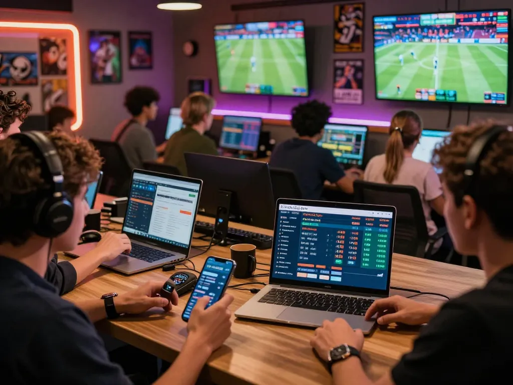 Exciting kèo nhà cái interface displayed on laptops and phones at a lively online betting platform.