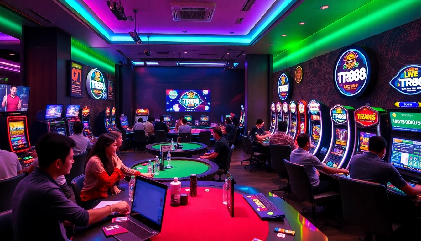 Dynamic TR88 gaming scene showcasing players enjoying diverse games in an engaging online casino environment.
