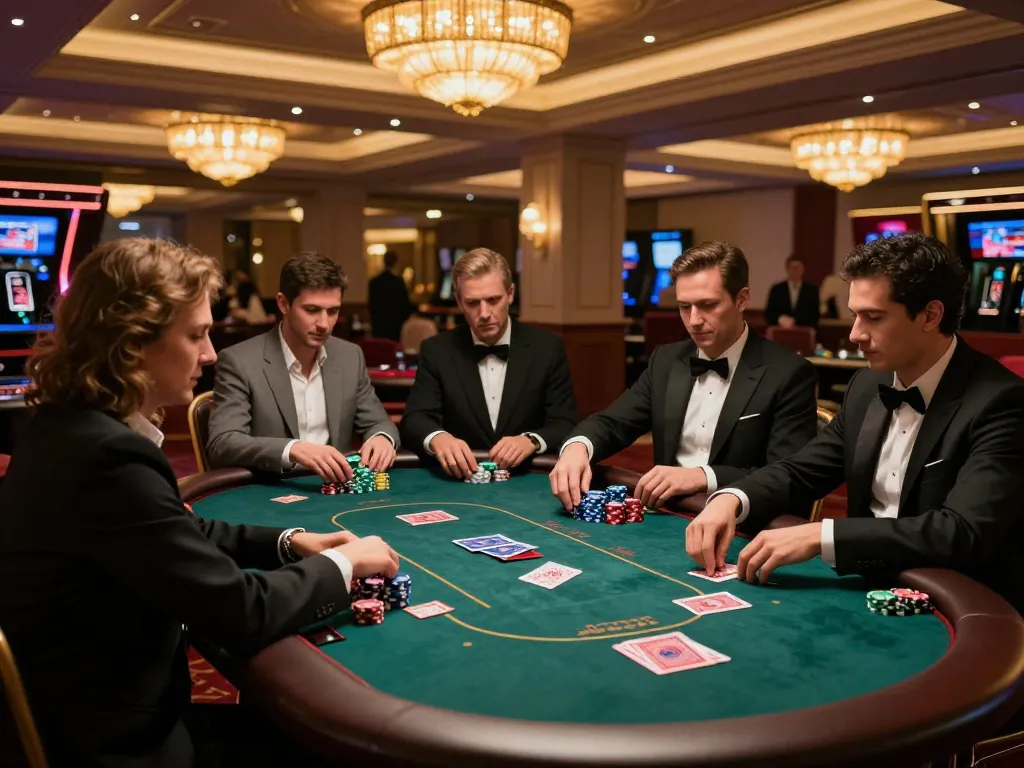 LC88 players engaging in an intense poker game with warm lighting and vibrant energy.