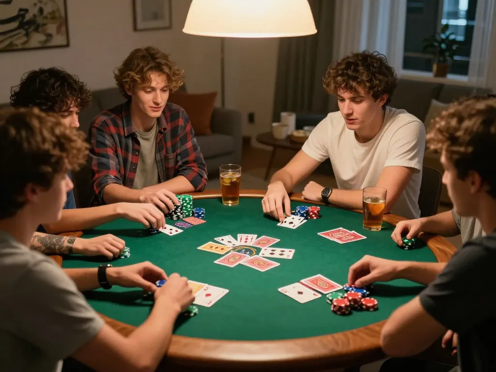 Friends enjoying a poker game at home, illustrating the manclub camaraderie and excitement of personal gaming nights.