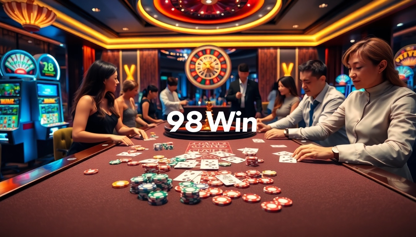 Experience thrilling gameplay at 98Win Casino with vibrant chips and cards on the table.