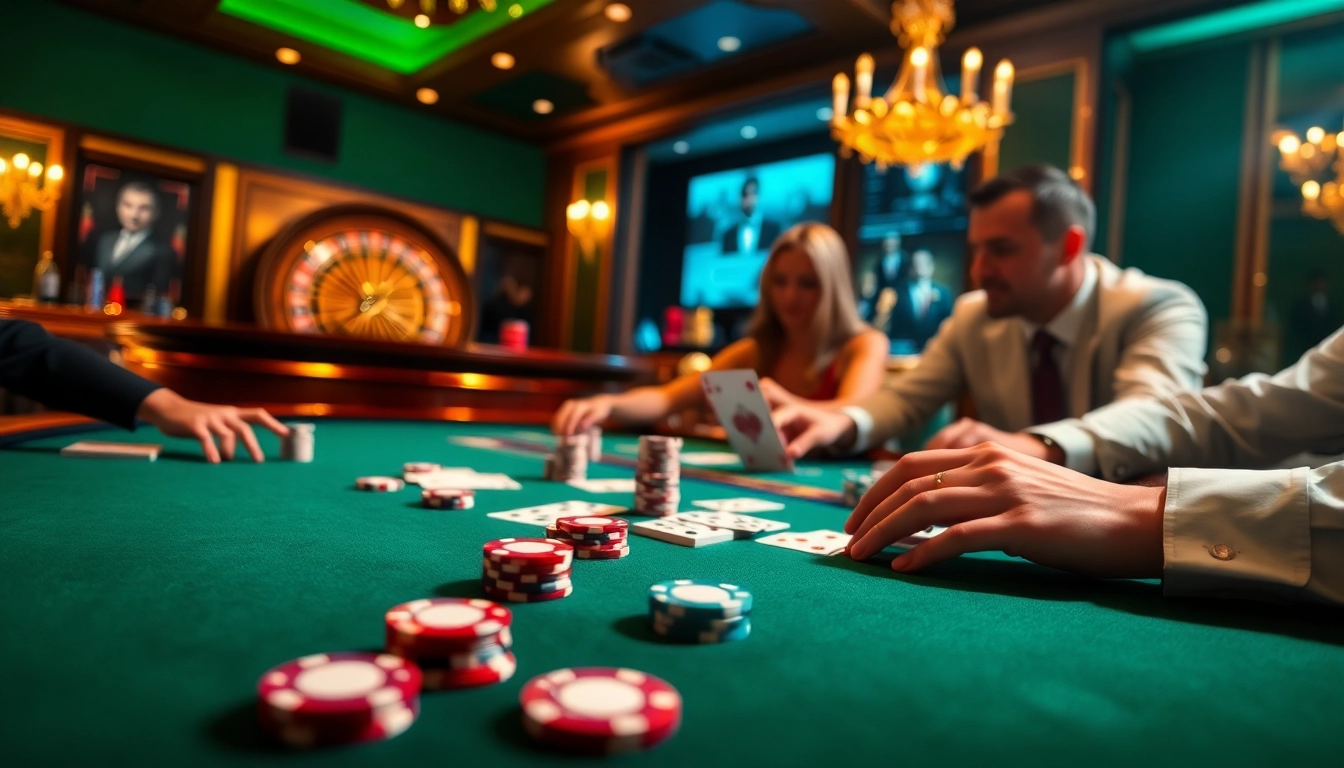Hit club players enjoying an intense poker match with vibrant casino elements.