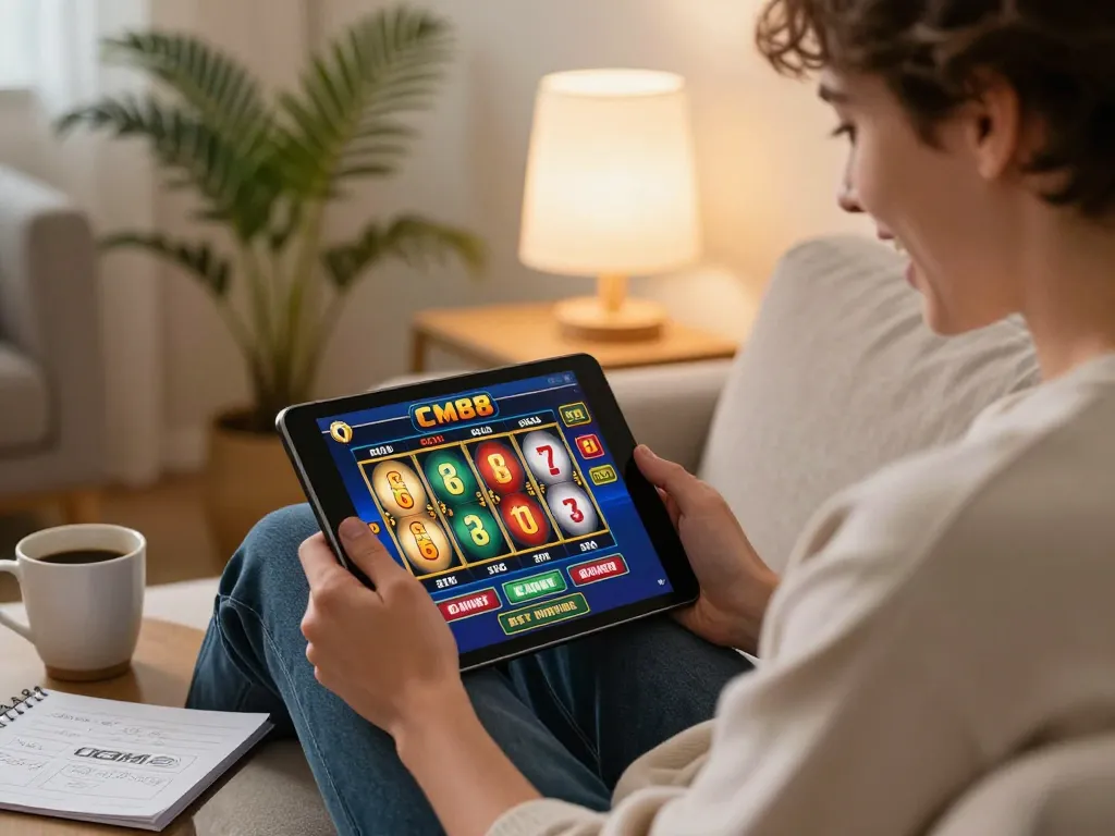 The player enjoys cm88 slot games on a cozy home sofa while managing gaming strategy notes.
