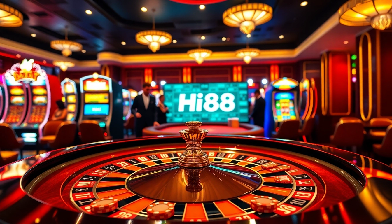 Hi88 online casino scene showcasing players at a luxurious roulette table with vibrant gambling elements.