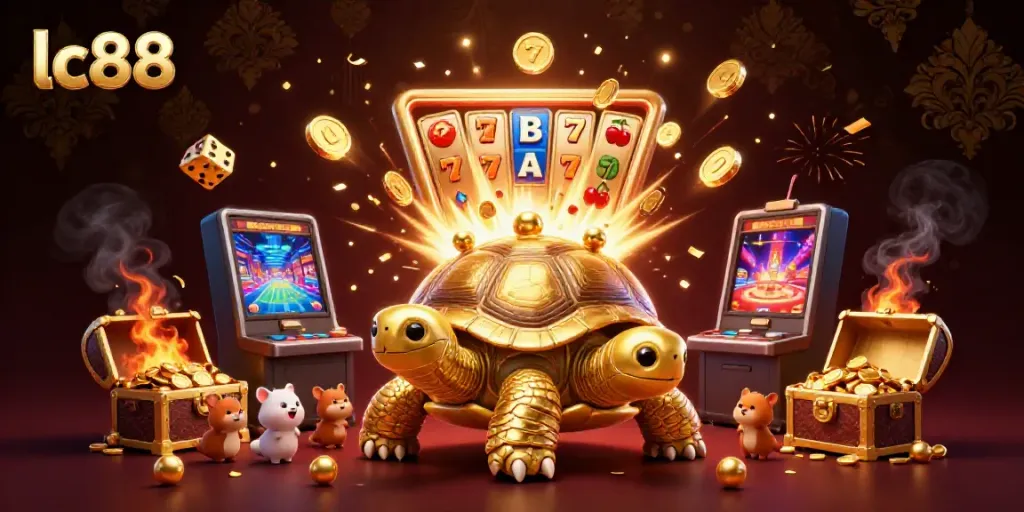 Engage with the vibrant lc88 casino scene featuring a golden tortoise and slot machine jackpot.