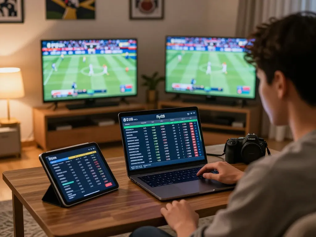 Fly88 user engaged in online sports betting while analyzing statistics on multiple screens in a cozy setting.