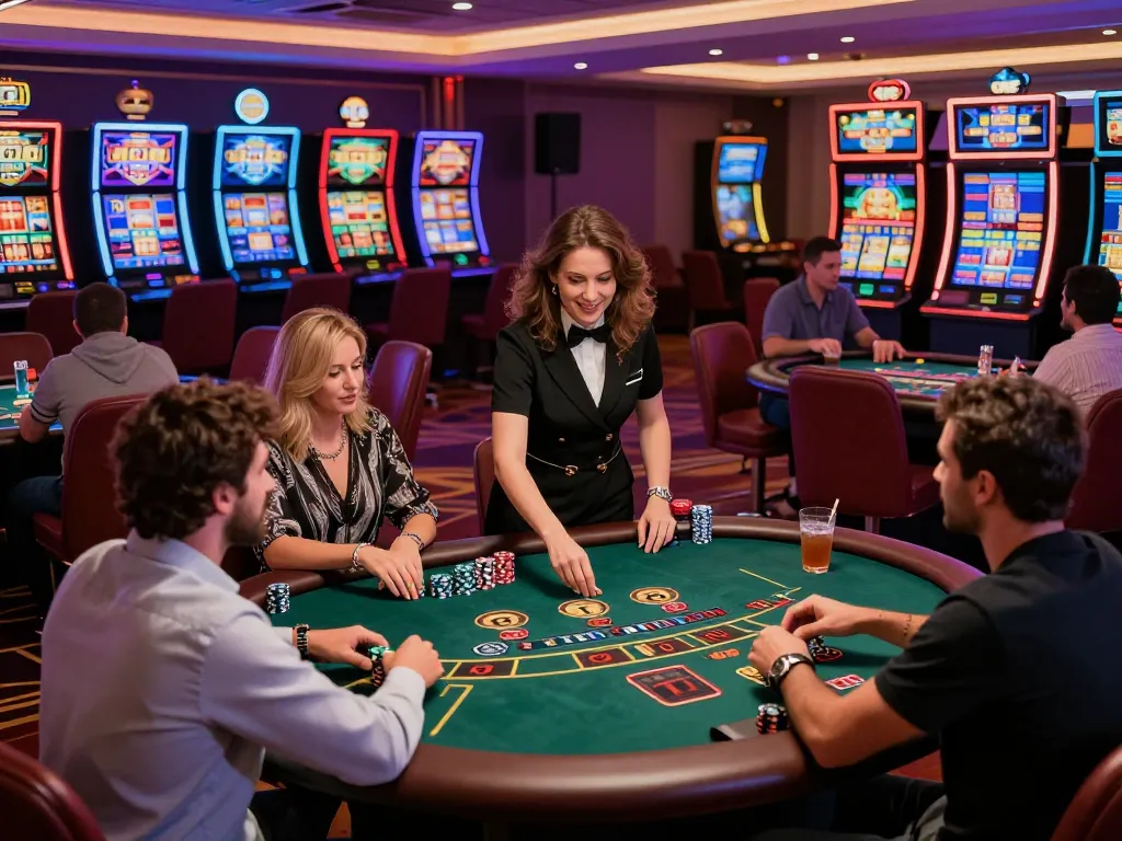 Exciting KO66 online casino atmosphere with players at luxurious gaming tables surrounded by vibrant slot machines.