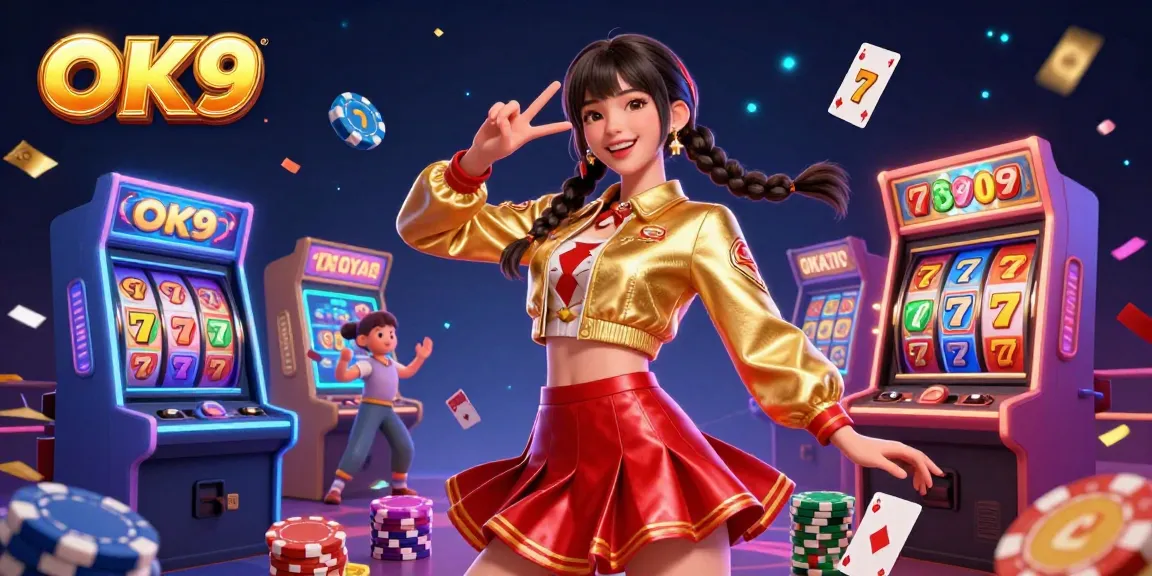 Engage in exciting gameplay at OK9, featuring vibrant slot reels and dynamic casino elements.