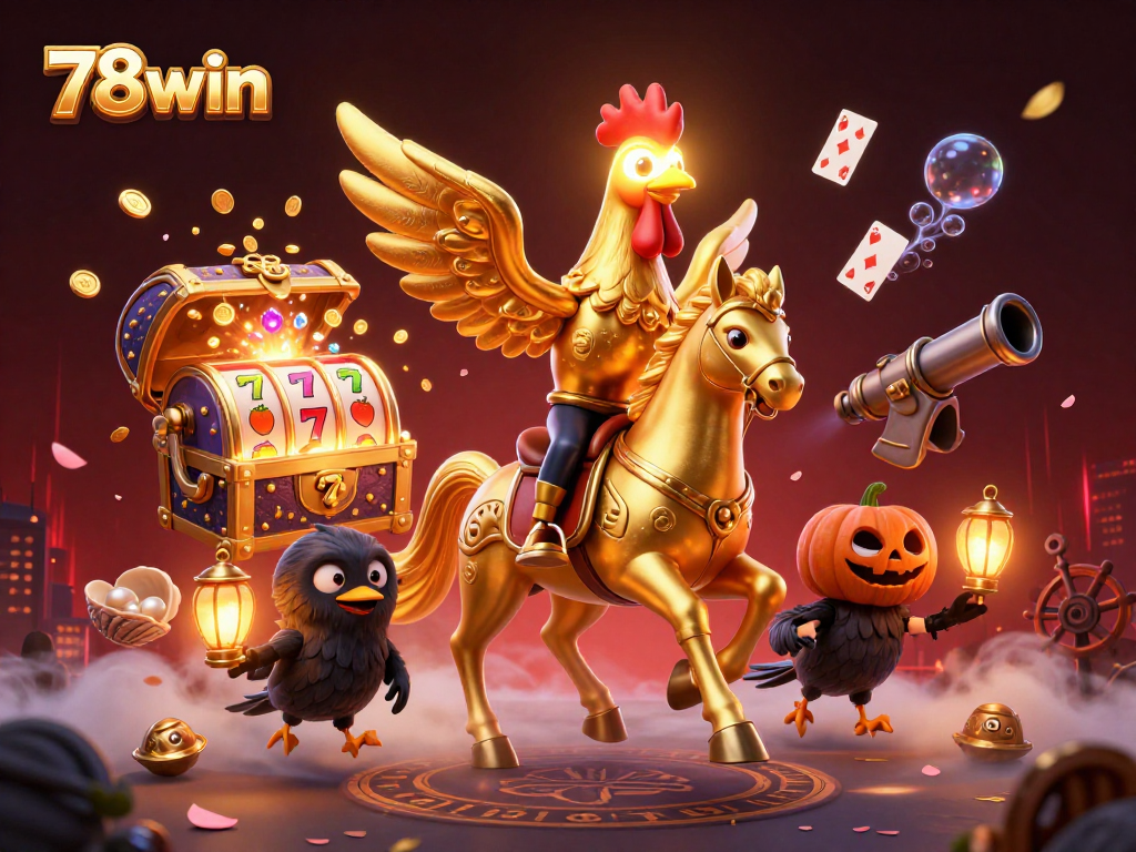 Engage with 78win's thrilling casino world featuring a golden rooster and magical elements