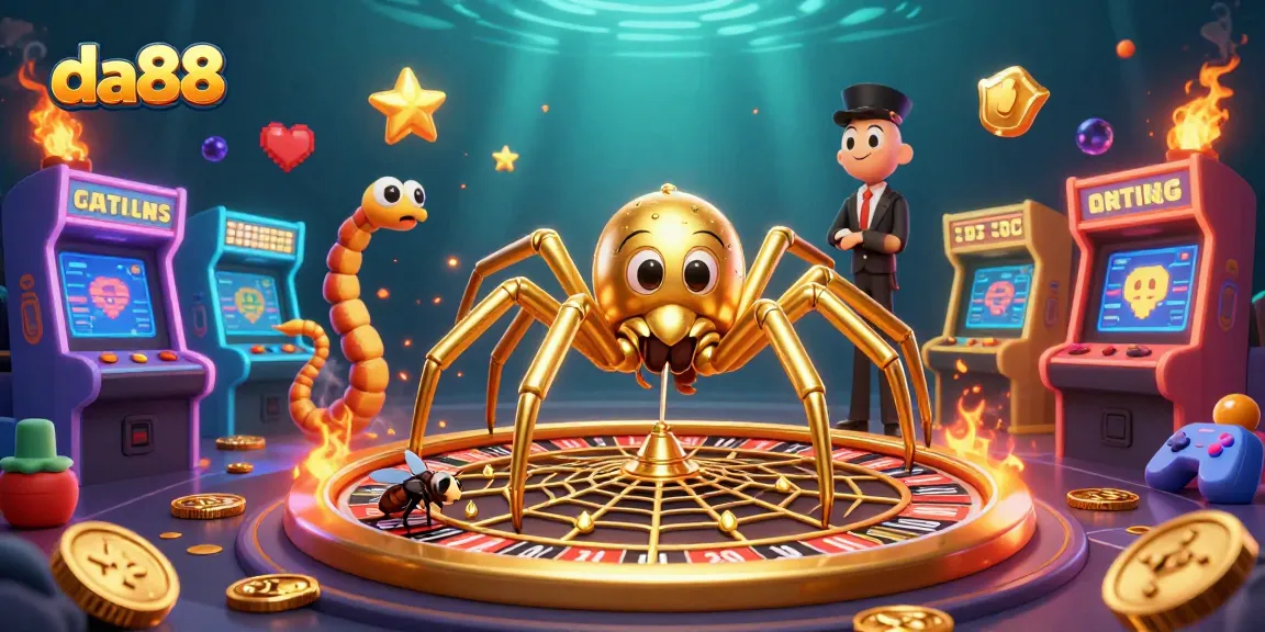 Experience thrilling bets with da88 as the golden spider spins a roulette web, showcasing vibrant arcade elements.