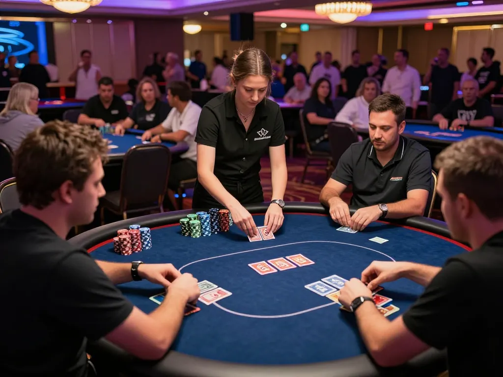 C195 poker tournament scene with players engaged, high stakes gameplay in Las Vegas casino atmosphere