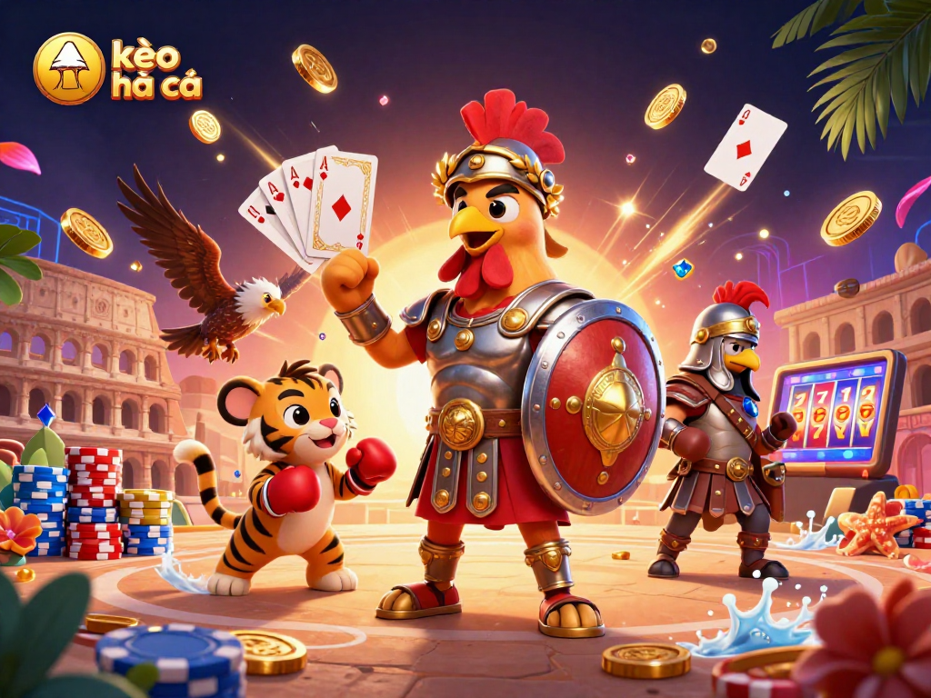 Experience the excitement of kèo nhà cái with a vibrant 3D scene showcasing a gladiator rooster and game elements.