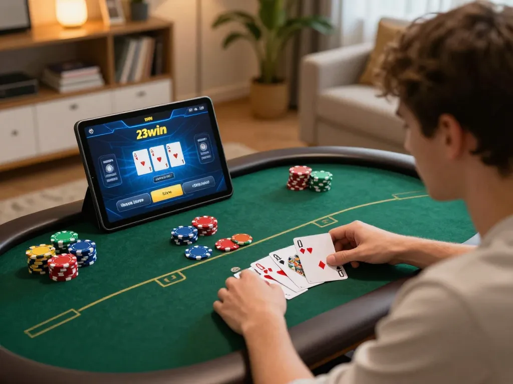Engaging scene of a person playing poker on 23win platform, showcasing home entertainment.