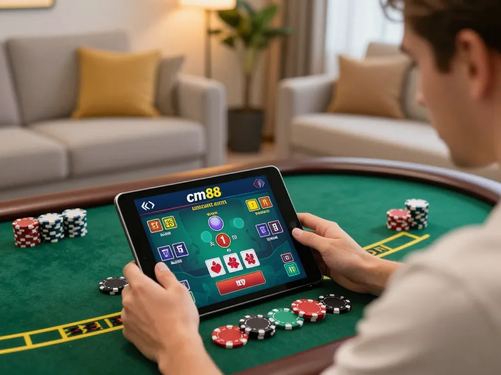 Player engaging with live dealer blackjack on cm88 com in a cozy home setting