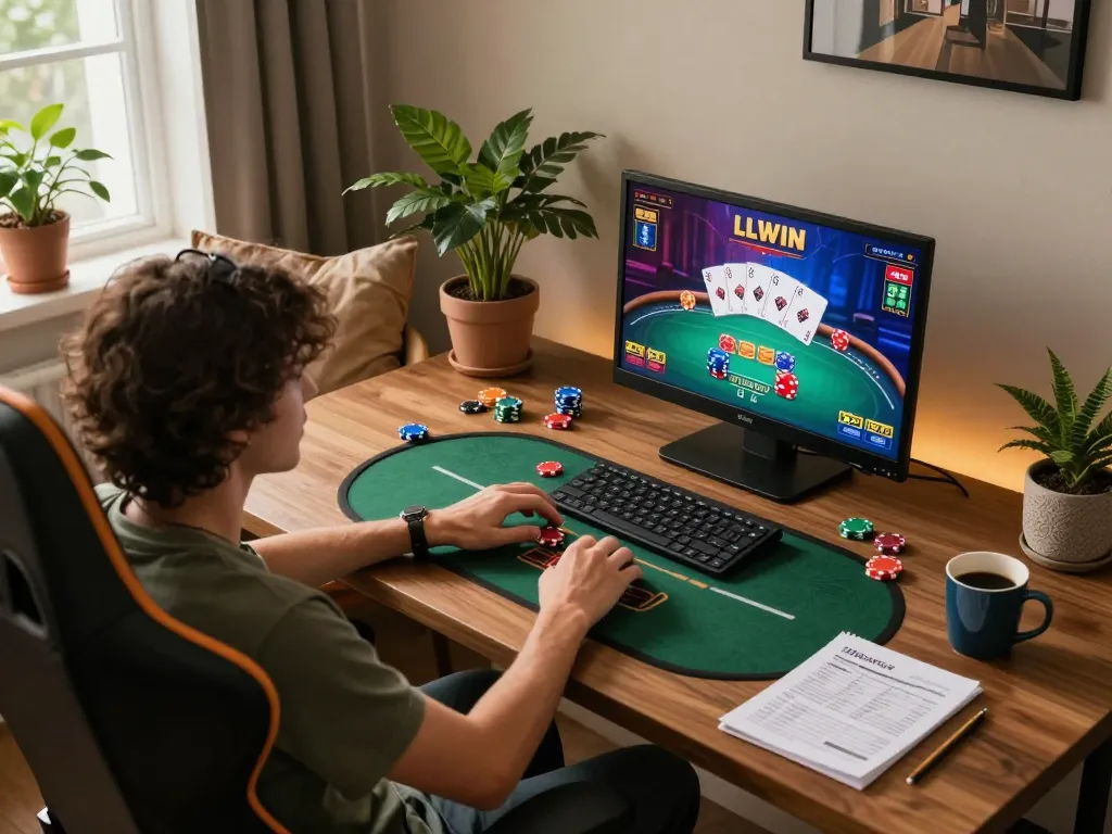 Player enjoying LLWIN online casino with laptop, showcasing vibrant poker gameplay and cozy atmosphere.