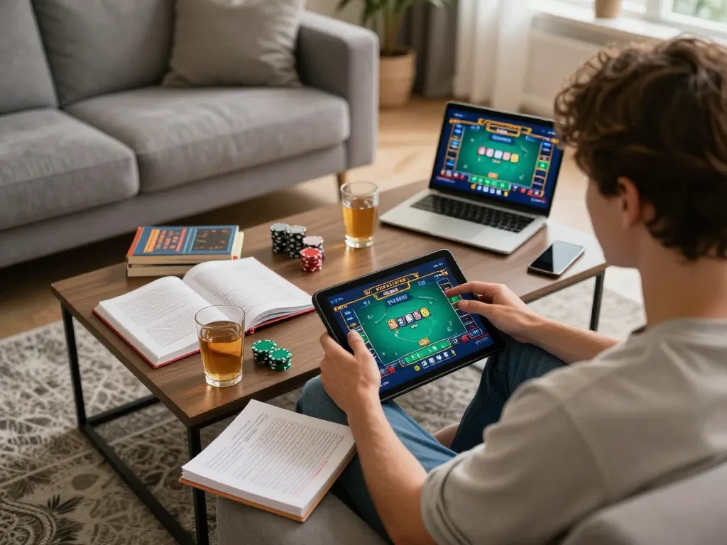 Engaged player using tablet for online gaming at nhà cái fly88, showcasing lively poker interface and strategic notes.