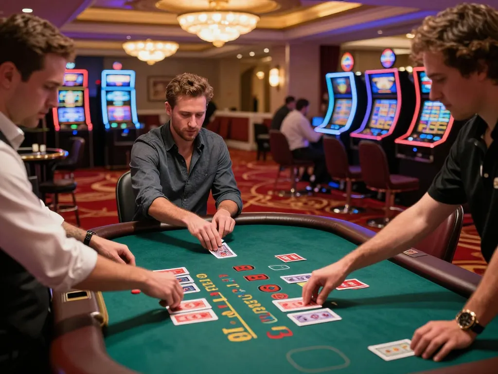 Engaged players enjoying blackjack at sky88 casino, with vibrant lighting and upscale decor.