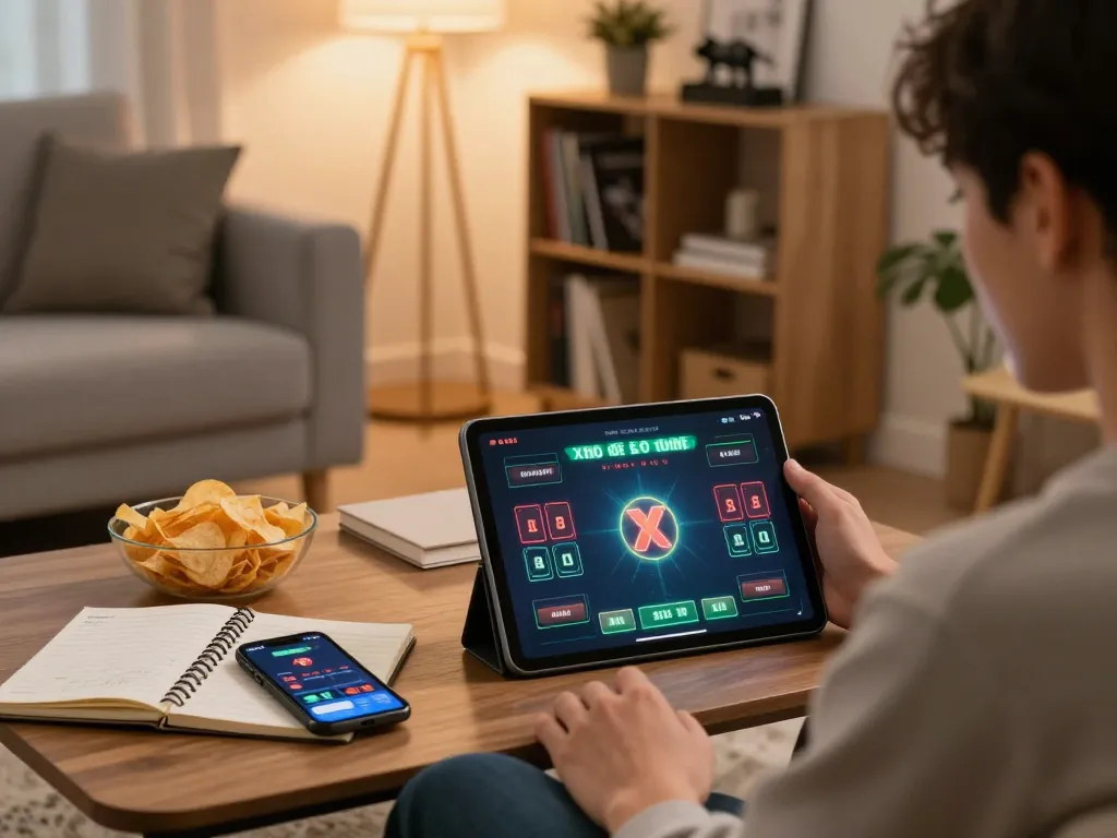 xóc đĩa online gameplay on tablet with strategies and bankroll notes in cozy home setting