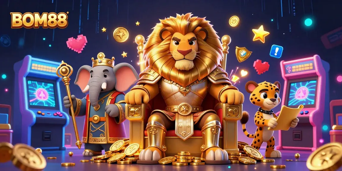 BOM88 offers a vibrant casino experience with a dynamic 3D illustration of a lion king on a golden throne surrounded by gaming elements.