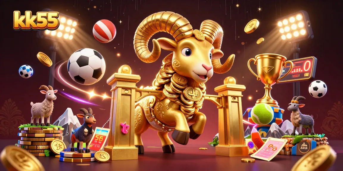Engage with the excitement of kk55 as a golden ram charges past sports elements, showcasing thrilling betting opportunities.