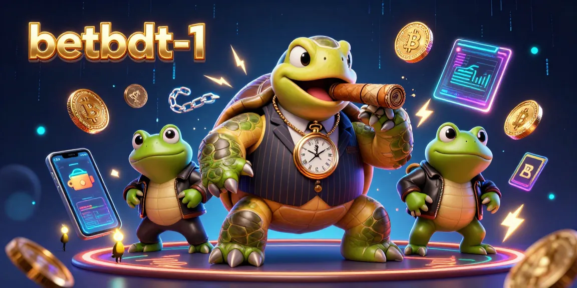Experience vibrant betting excitement with betbdt-1 as a snapping turtle leads two enforcers, surrounded by crypto coins.