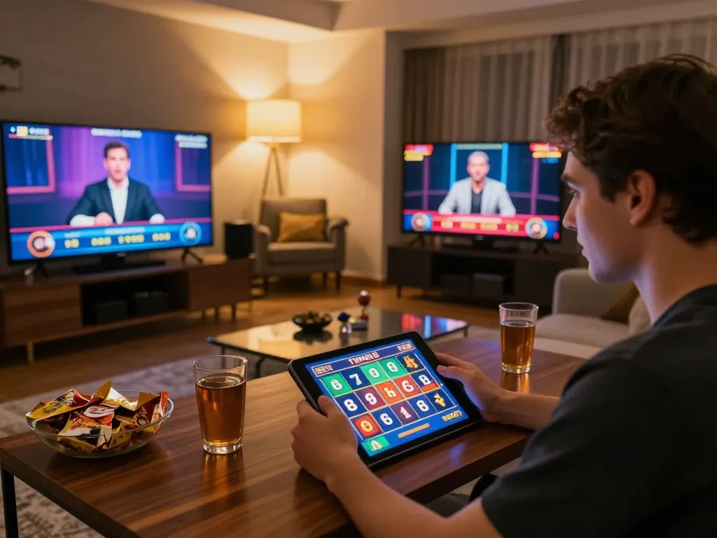TWIN68 player enjoying online gaming on tablet in cozy living room.