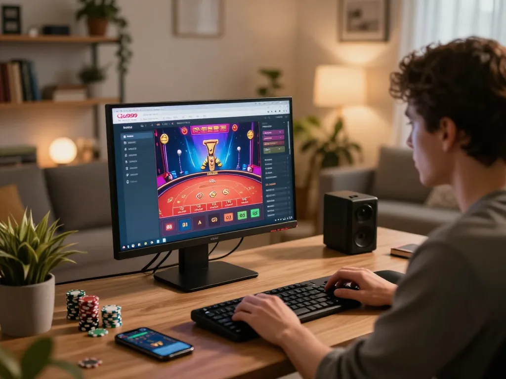 Enjoy thrilling online gaming on Go999 with a stylish setup featuring poker chips and a cozy atmosphere
