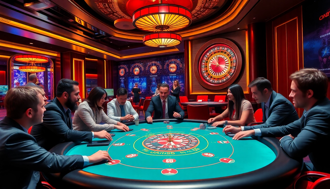 Players enjoying a thrilling poker game at 68VIP casino with vibrant decor and luxurious atmosphere.