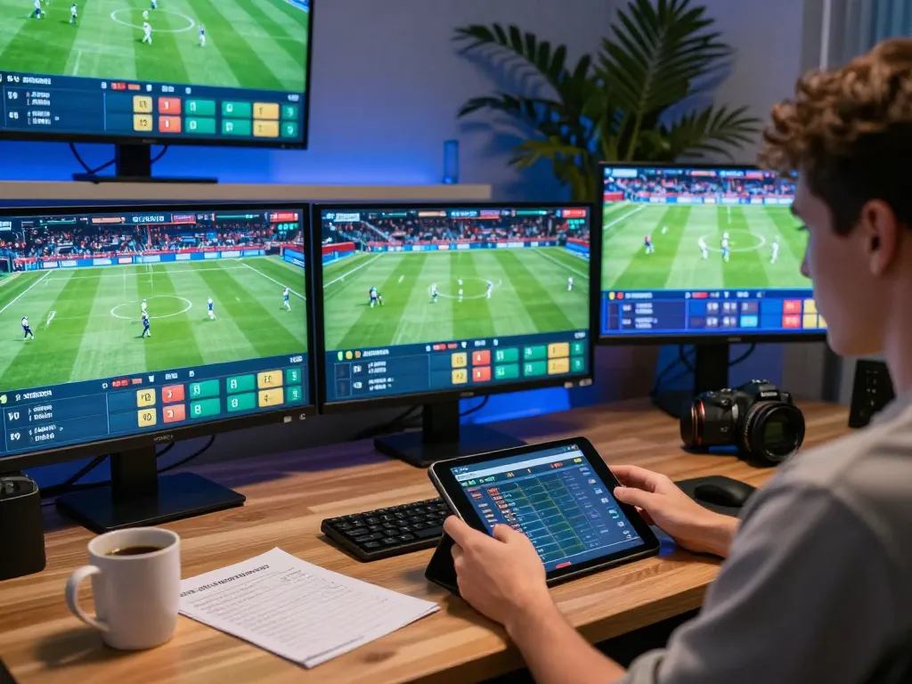 KQBD sports betting scene featuring a person using a tablet to place bets in a modern setting filled with match visuals.