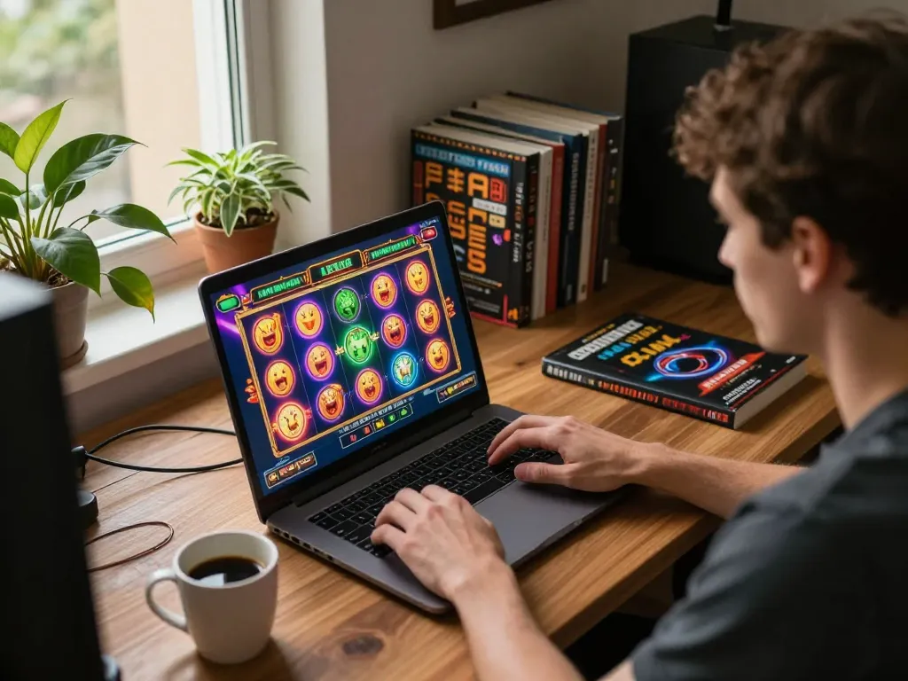 Player engaging with vibrant slot games on five88bc in a cozy home office setting, illustrating online gaming excitement.