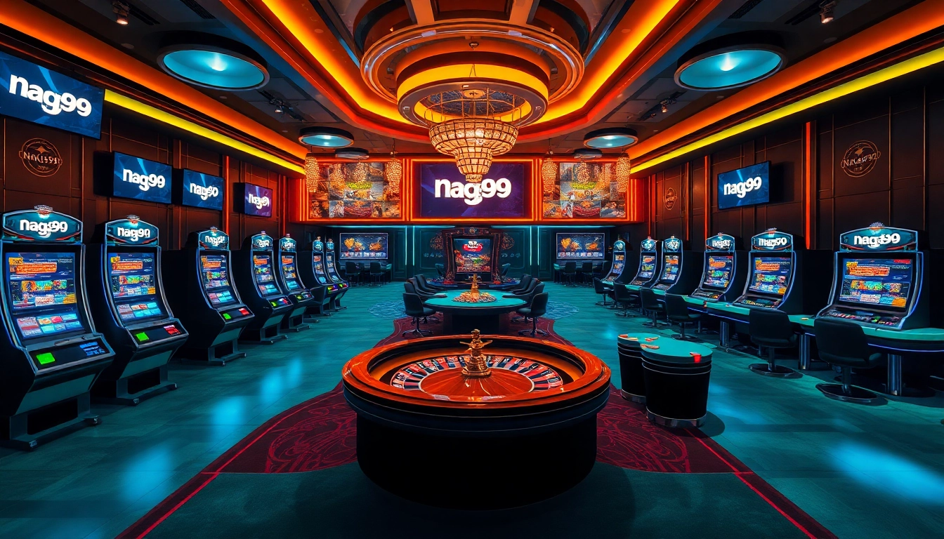 Naga99 casino floor featuring vibrant slot machines, poker tables, and a thrilling atmosphere.