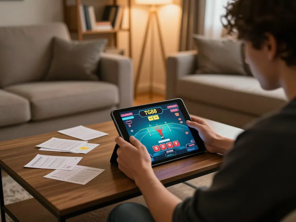 TG88 player enjoying online gaming with strategy notes in a cozy home setup