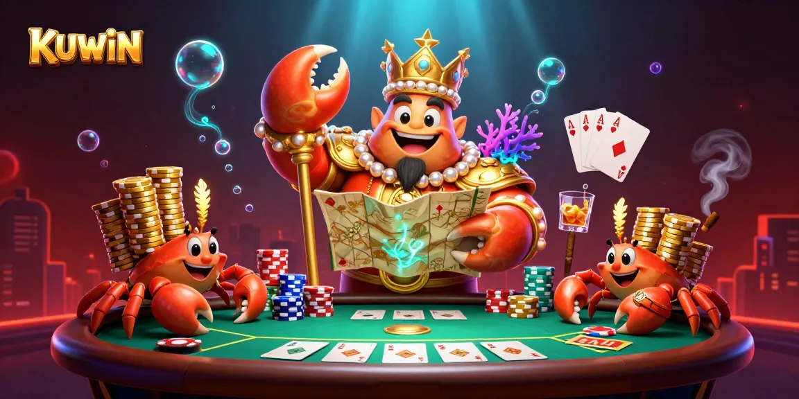 Engage in thrilling gameplay with KUWIN and its vibrant 3D gaming environment featuring a golden crab and poker elements.