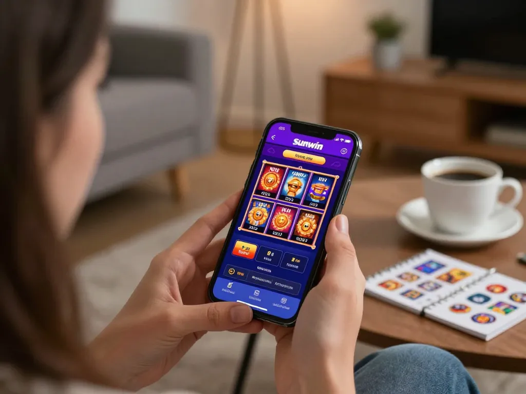 Player exploring Sunwin casino app for exciting mobile slot games in a cozy home setting