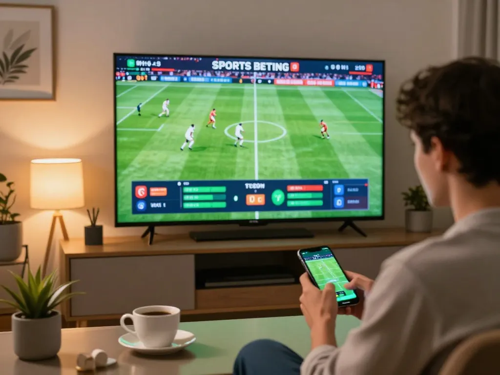 Engaging sports betting scene at debet23 with modern setup highlighting smartphone use and football game.