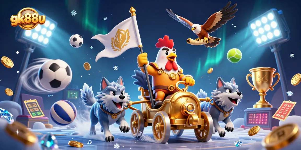 Engage with gk88u's vibrant gaming world, featuring a cartoon rooster warlord and dynamic sports elements.