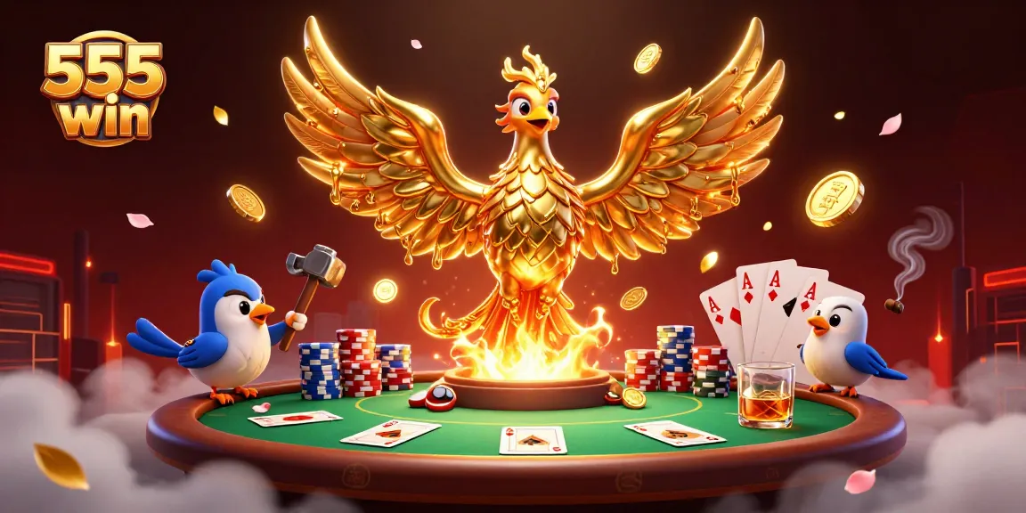 Win big with 555 win in this vibrant casino scene featuring champions and poker elements.